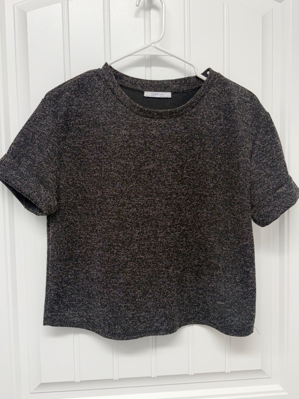 Zara Short Sleeve Tweed-Look Top in Black and Tan